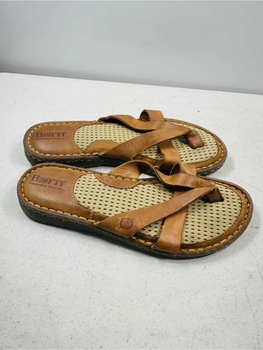 Born Tan Leather Crisscross Slide Sandals